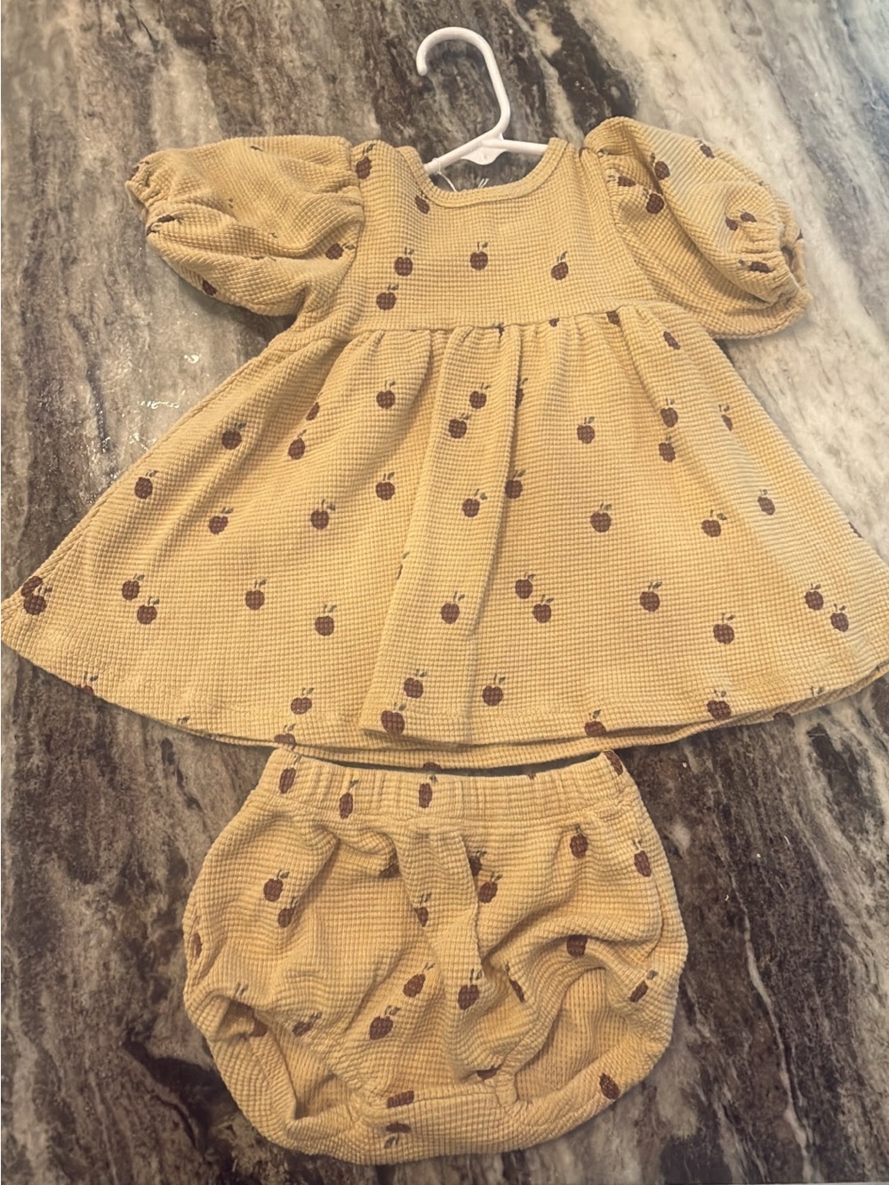 Quincy Mae Mustard Yellow Waffle Knit Dress and Bloomers with Brown Apple Print